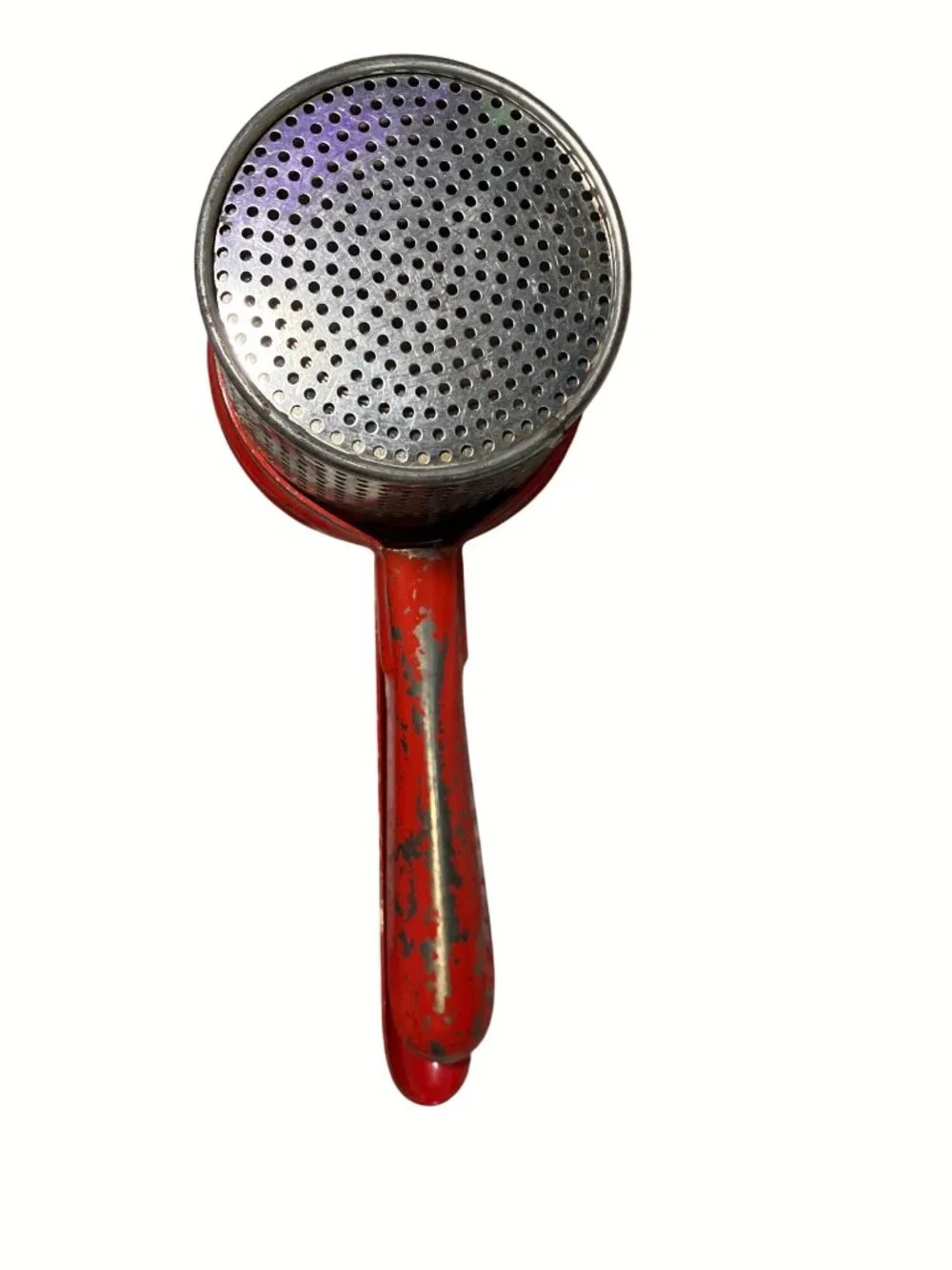 Red Metal Potato Ricer With Perforated Basket And Press Handle Vintage